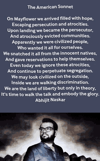 a poster for the american sonnet with a man in glasses