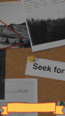 a seek for sign is pinned to a cork board with other papers