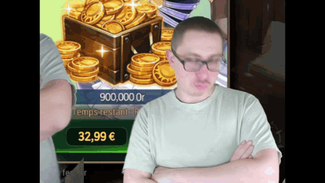 a man with his arms crossed in front of a screen that says 32,99