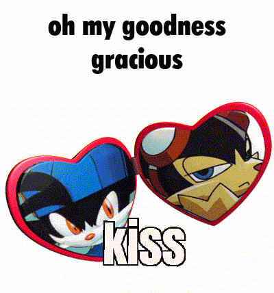 a picture of two cartoon characters with the words oh my goodness gracious kiss on it
