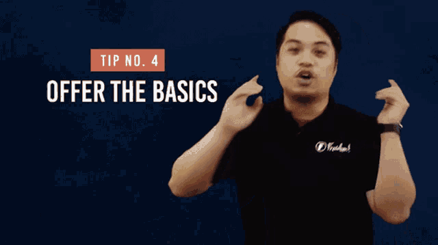 a man in a black shirt with the words offer the basics on the bottom