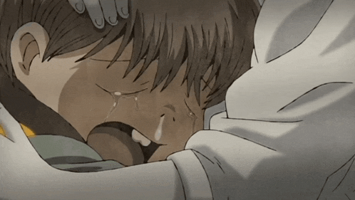 a cartoon drawing of a boy crying with a hand on his head