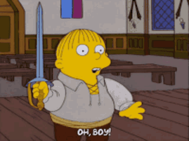 a cartoon character holding a sword says oh boy