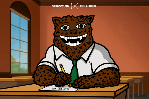 a cartoon of a bear sitting at a desk with a pencil in his hand