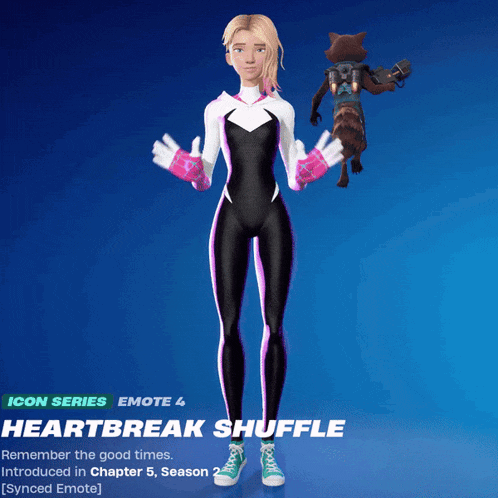 a video game character named heartbreak shuffle with a rocket raccoon in the background