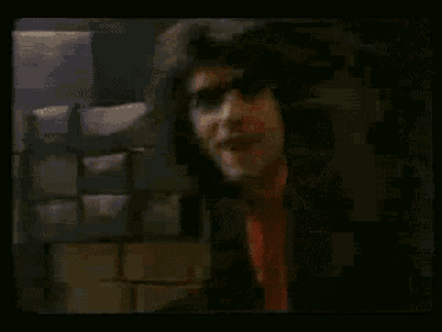 a man in a red shirt is standing in a dark room .