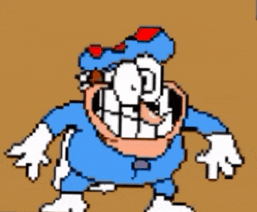 a pixel art drawing of a cartoon character with a big mouth