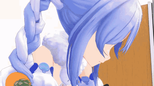 a cartoon character with blue hair is standing next to a door