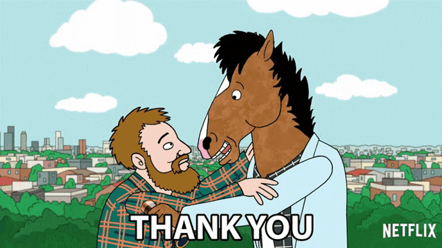 a cartoon of a man hugging a horse that says " thank you " on the bottom