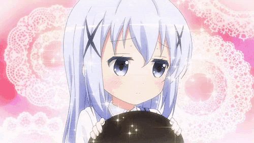 a girl with white hair and blue eyes is holding something