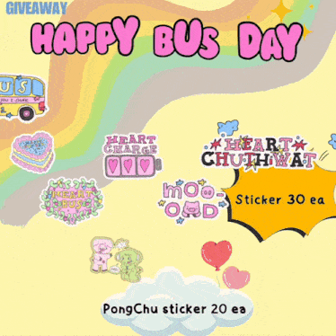 a giveaway for happy bus day includes a heart charge sticker