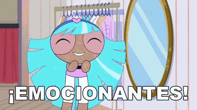 a cartoon girl with blue hair is looking at herself in a mirror and the words emocionantes are below her