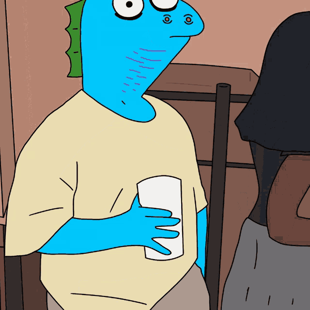 a blue lizard holding a white cup in his hand
