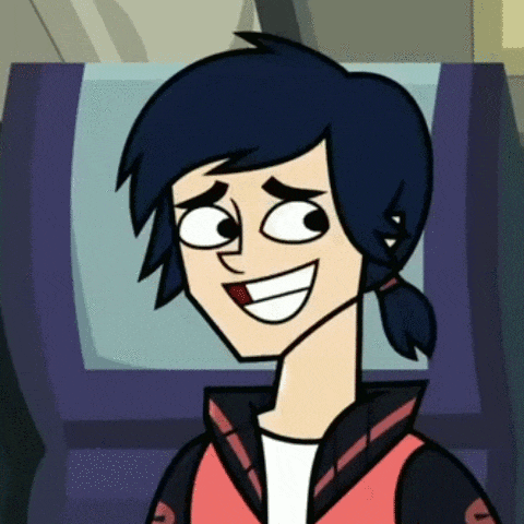 a cartoon character with black hair and a red vest smiles