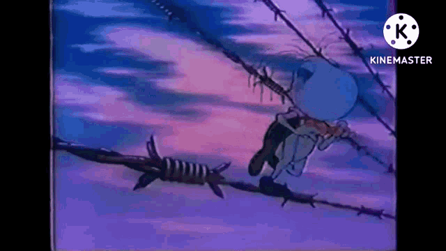 a cartoon character is hanging from barbed wire .