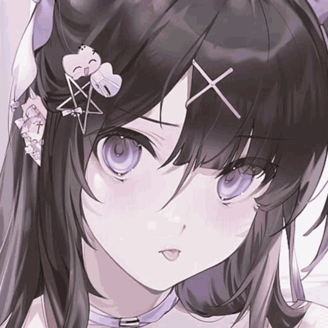 a close up of a girl with purple eyes