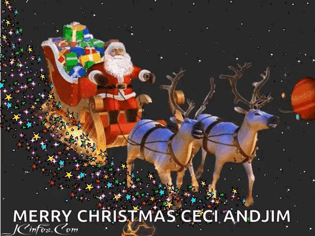 a merry christmas card with santa in a sleigh pulled by deer