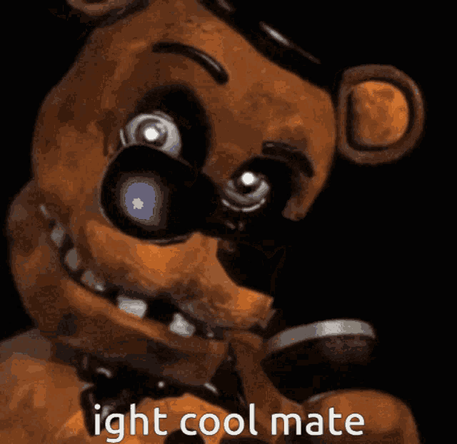 a close up of a teddy bear with the words " ight cool mate " on it