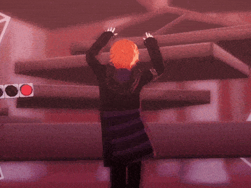 a cartoon character is standing in front of a red light with a red circle on it