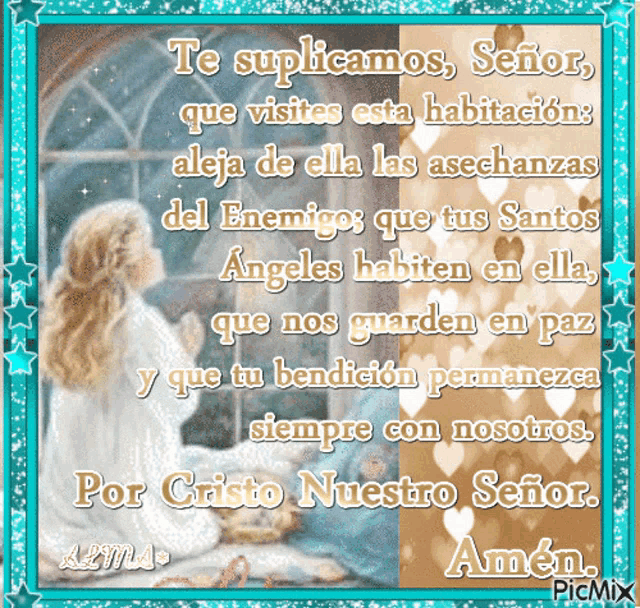 a picture of a woman praying in front of a window with spanish writing