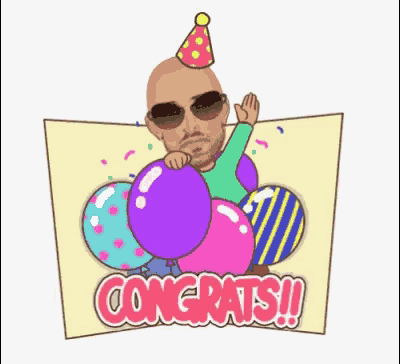a cartoon of a man wearing a party hat and sunglasses holding balloons and the words `` congrats '' .