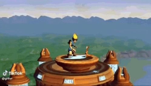 a cartoon character is standing on top of a circular platform in a video game .