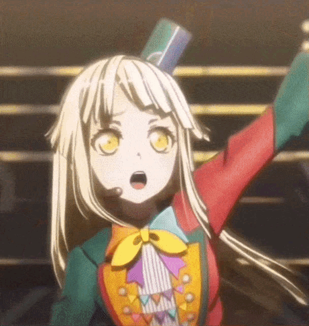 a blonde anime girl wearing a colorful outfit and a top hat .