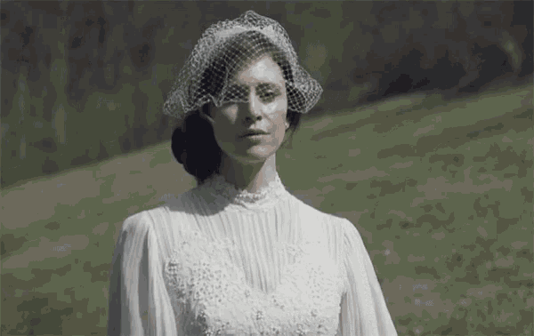 a woman in a wedding dress with a veil on her head is standing in a field .