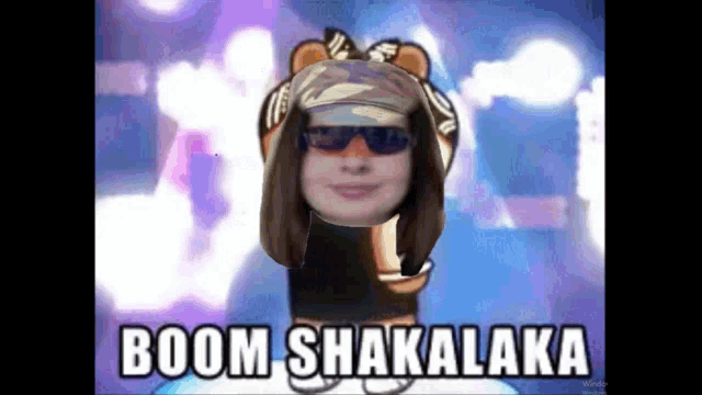 a cartoon of a woman wearing sunglasses and a hat with the words boom shakalaka on it