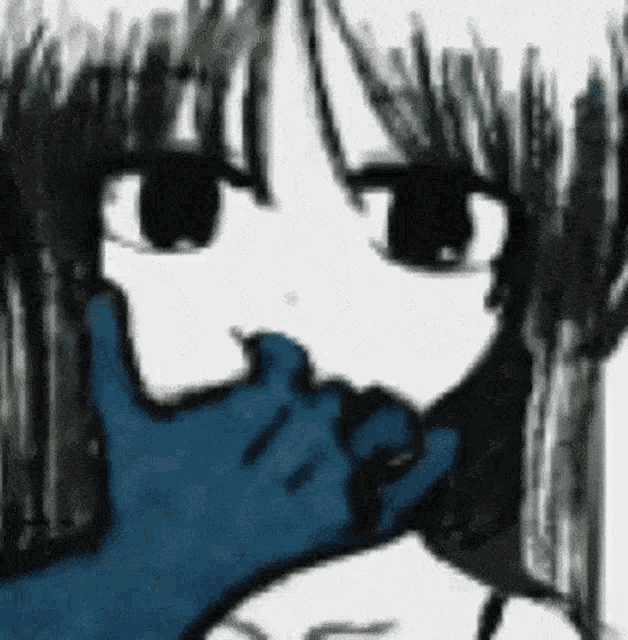 a close up of a person 's face with a blue hand covering their mouth .