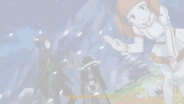 a group of anime characters are standing in a field with uh huh written on the bottom right