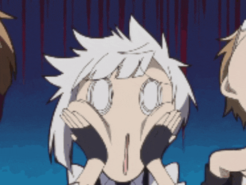 a cartoon character with white hair and a surprised look on his face