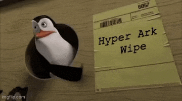 a penguin is holding a piece of paper that says hyper ark wipe .