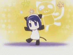 a girl in a panda outfit is dancing in front of a yellow cat