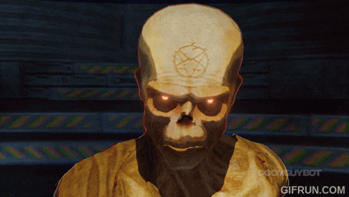 a skull with a pentagram on it 's head is displayed on a gif from doomguybot