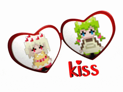 a couple of hearts with the word kiss on it