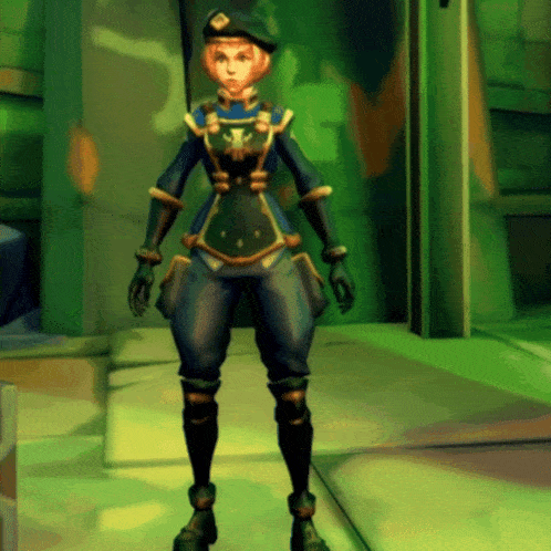 a video game character with a beret on stands in a green room