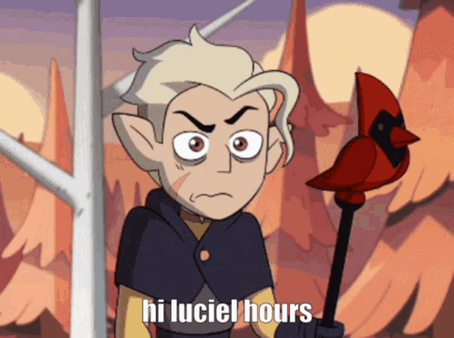 a cartoon character is holding a red bird and says hi luciel hours