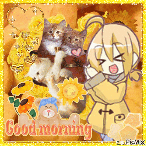 a picture of a girl and cats with the words good morning