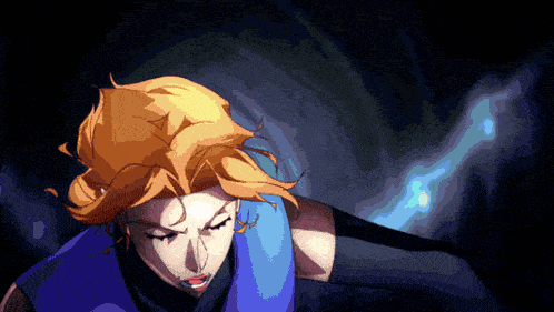 a pixel art of a woman with red hair and a blue shirt