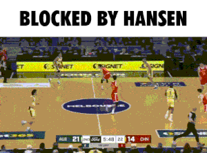 a basketball game is being played on a court with the words blocked by hansen