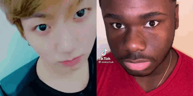 a close up of a man 's face next to a close up of another man 's face .