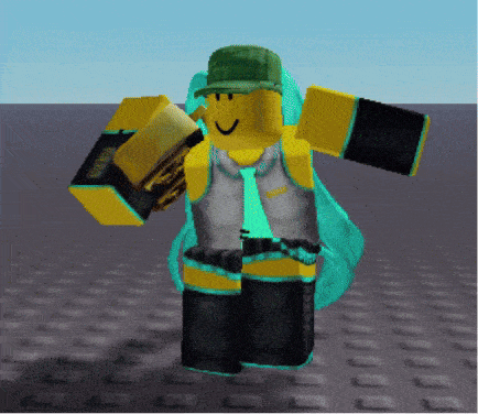 a roblox character is wearing a green hat and a blue outfit