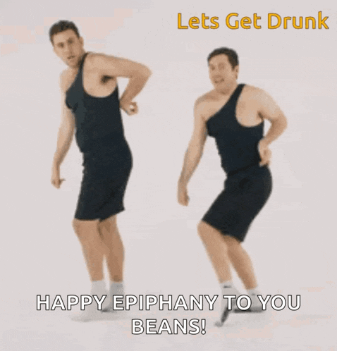 two men are dancing with the words happy epiphany to you beans above them