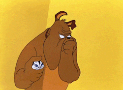 a cartoon dog is covering his nose while holding a small cat