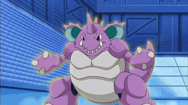a cartoon character with a purple and white body and horns
