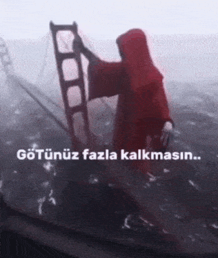 a person in a red robe is holding a ladder in front of a bridge