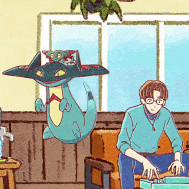 a cartoon drawing of a man sitting on a couch with a dragon on top of him
