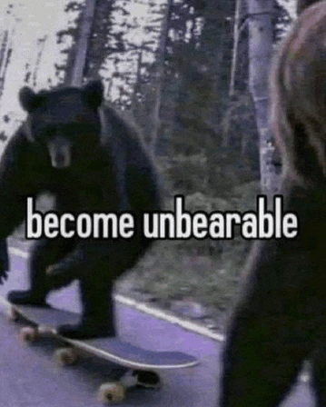 a black bear is riding a skateboard down a street .