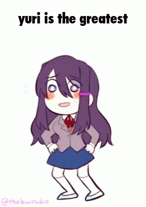 a cartoon of a girl with purple hair standing next to a sign that says ' yuri is the greatest ' .
